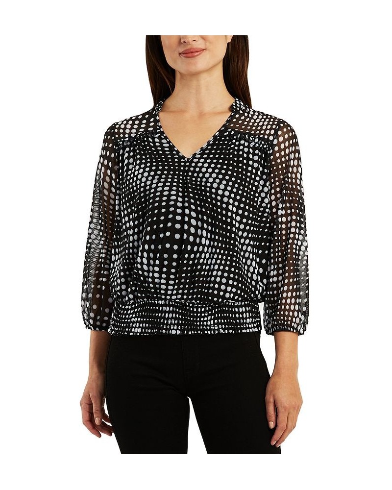 Juniors' Dot-Print Mesh 3/4-Sleeve Smocked-Hem Top Pat H $14.40 Tops