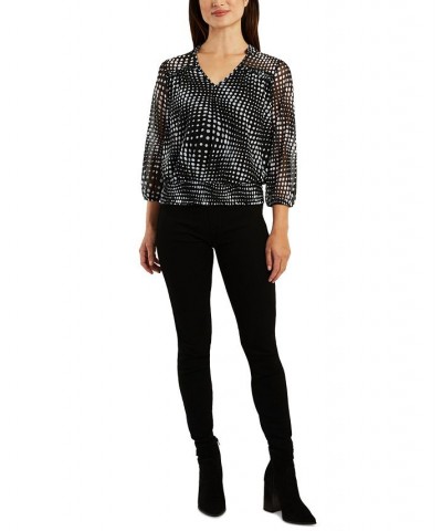 Juniors' Dot-Print Mesh 3/4-Sleeve Smocked-Hem Top Pat H $14.40 Tops