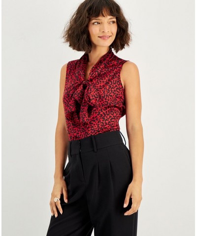 Women's Animal-Print Tie-Neck Blouse Morello Cherry Multi $20.15 Tops