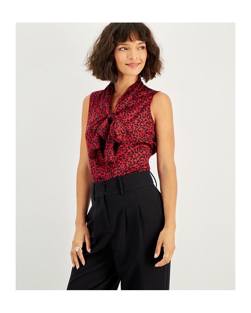 Women's Animal-Print Tie-Neck Blouse Morello Cherry Multi $20.15 Tops