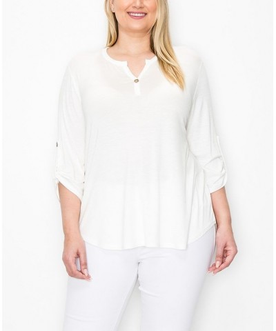 Plus Size 1 Button Henley Rolled Tab 3/4 Sleeve Top Off White $19.78 Tops