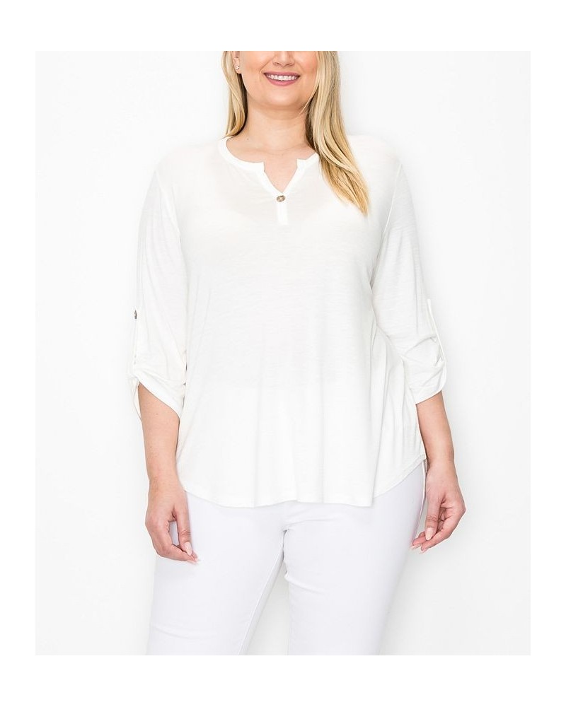 Plus Size 1 Button Henley Rolled Tab 3/4 Sleeve Top Off White $19.78 Tops