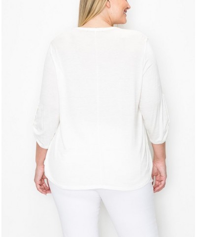 Plus Size 1 Button Henley Rolled Tab 3/4 Sleeve Top Off White $19.78 Tops