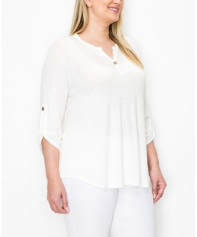 Plus Size 1 Button Henley Rolled Tab 3/4 Sleeve Top Off White $19.78 Tops