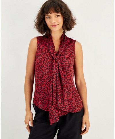 Women's Animal-Print Tie-Neck Blouse Morello Cherry Multi $20.15 Tops