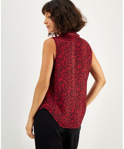 Women's Animal-Print Tie-Neck Blouse Morello Cherry Multi $20.15 Tops