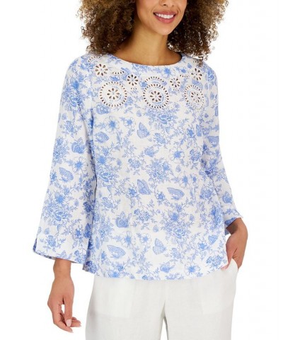 Women's Linen Printed 3/4-Sleeve Top Bright White Combo $25.87 Tops