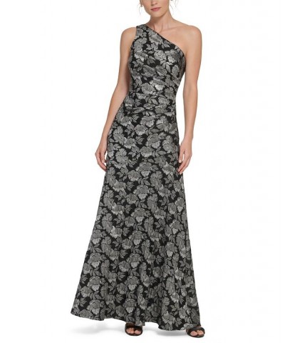 Women's One-Shoulder Asymmetrical-Neckline Jacquard Gown Steel Black $95.36 Dresses