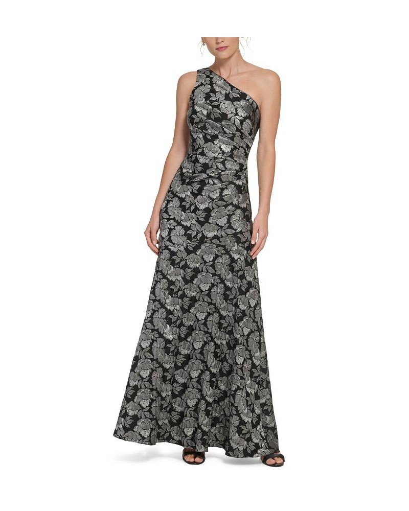 Women's One-Shoulder Asymmetrical-Neckline Jacquard Gown Steel Black $95.36 Dresses