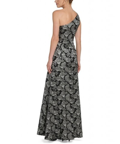 Women's One-Shoulder Asymmetrical-Neckline Jacquard Gown Steel Black $95.36 Dresses