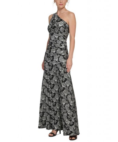 Women's One-Shoulder Asymmetrical-Neckline Jacquard Gown Steel Black $95.36 Dresses