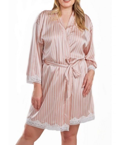 Brillow Plus Size Satin Striped Robe with Self Tie Sash and Trimmed in Lace Pink $57.27 Sleepwear