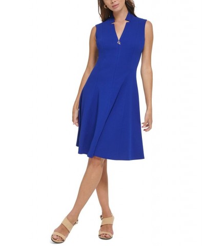 Women's Sleeveless Scuba Crepe A-Line Logo Zip Dress Blue $61.92 Dresses