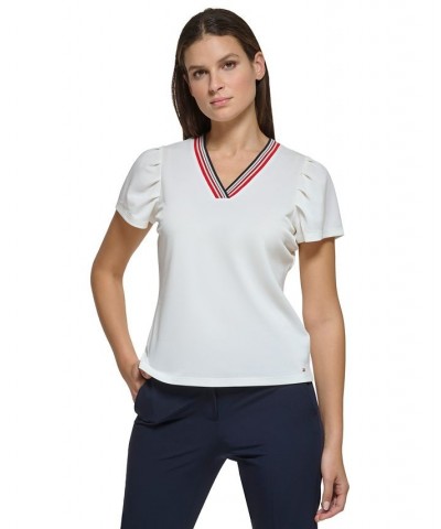 Women's Puff-Sleeve V-Neck Top Ivory/Cream $28.98 Tops