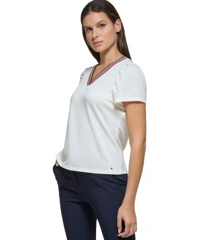 Women's Puff-Sleeve V-Neck Top Ivory/Cream $28.98 Tops