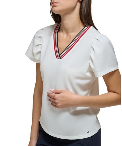 Women's Puff-Sleeve V-Neck Top Ivory/Cream $28.98 Tops