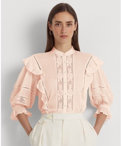 Women's Lace-Trim Crinkle Cotton Shirt Pink $70.00 Tops