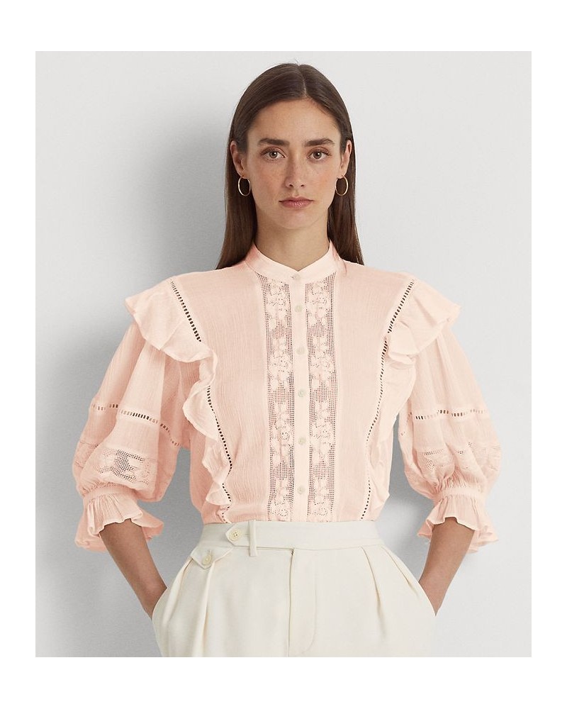 Women's Lace-Trim Crinkle Cotton Shirt Pink $70.00 Tops