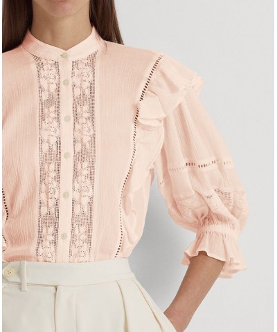 Women's Lace-Trim Crinkle Cotton Shirt Pink $70.00 Tops