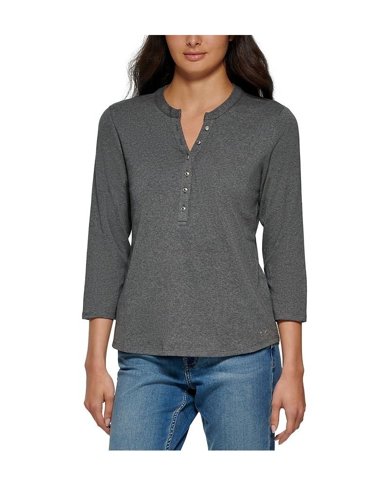 3/4 Sleeve Button Front Henley Gray $20.25 Tops