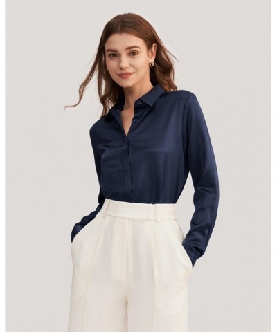 Women's Basic Concealed Placket Silk Shirt Blue $47.26 Tops