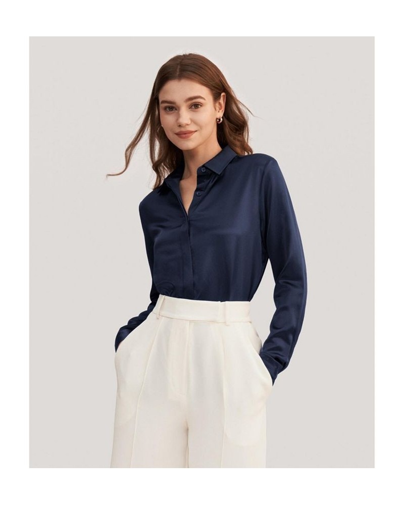 Women's Basic Concealed Placket Silk Shirt Blue $47.26 Tops