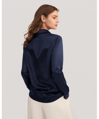 Women's Basic Concealed Placket Silk Shirt Blue $47.26 Tops