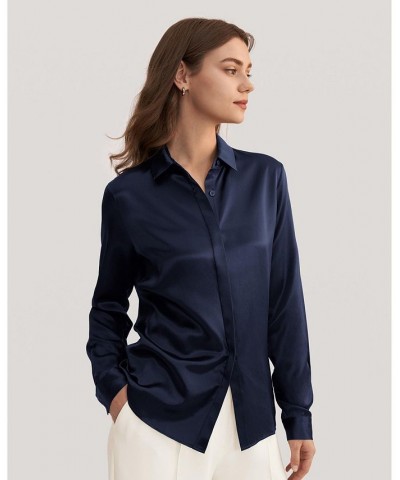 Women's Basic Concealed Placket Silk Shirt Blue $47.26 Tops