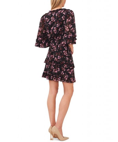 Women's Floral-Print Balloon-Sleeve Ruffled A-Line Dress Rich Black $39.33 Dresses