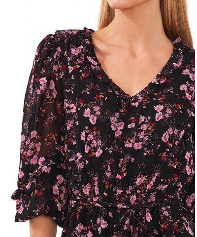 Women's Floral-Print Balloon-Sleeve Ruffled A-Line Dress Rich Black $39.33 Dresses