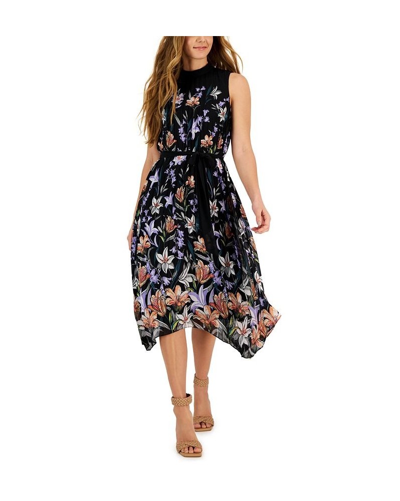 Petite Floral-Print Pleated Midi Dress Black/peach $65.91 Dresses