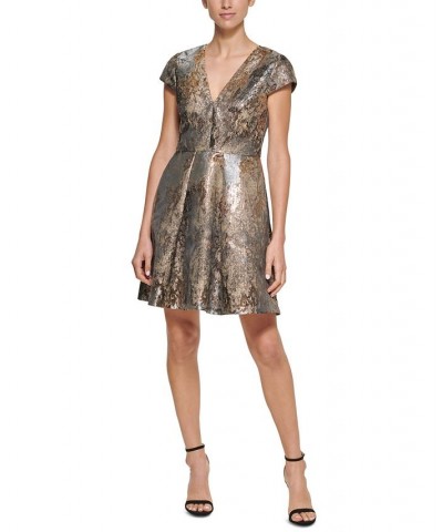 Petite Metallic Jacquard V-Neck Dress Slate $35.26 Dresses