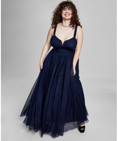 Trendy Plus Size Mesh Sleeveless Gown Blue $50.70 Dresses