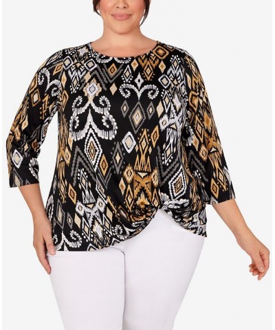 Plus Size Puff Print Ikat Top Black $19.50 Tops