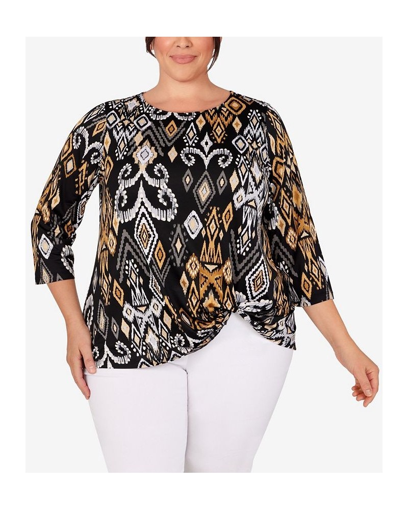 Plus Size Puff Print Ikat Top Black $19.50 Tops