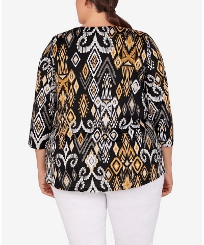 Plus Size Puff Print Ikat Top Black $19.50 Tops