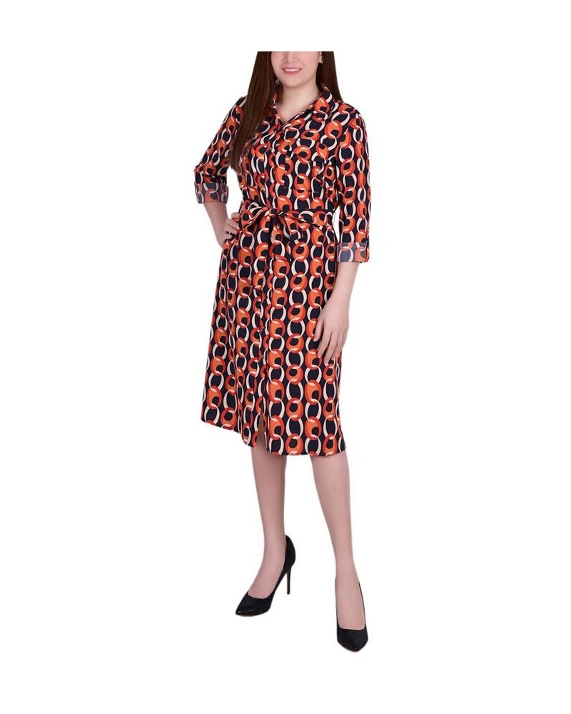 Women's 3/4 Sleeve Roll Tab Shirtdress with Belt Black Red Circle Chain $20.72 Dresses