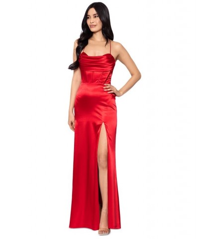 Juniors' Draped Lace-Up Satin Gown Red $113.96 Dresses