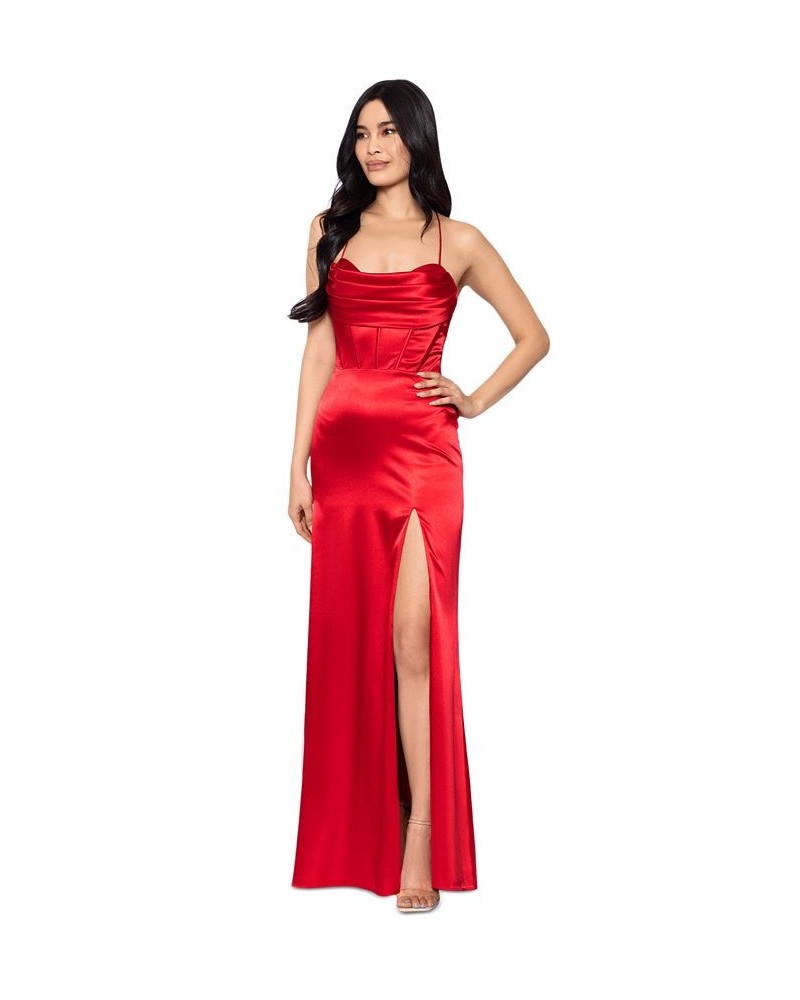 Juniors' Draped Lace-Up Satin Gown Red $113.96 Dresses