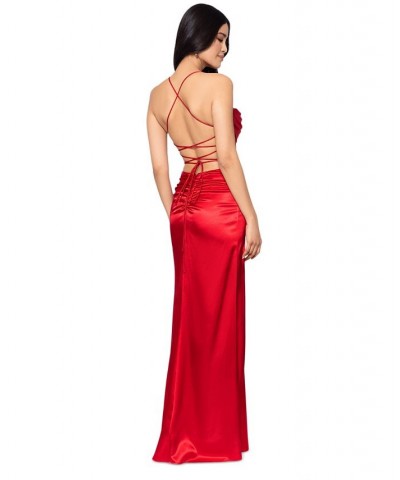 Juniors' Draped Lace-Up Satin Gown Red $113.96 Dresses