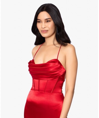 Juniors' Draped Lace-Up Satin Gown Red $113.96 Dresses