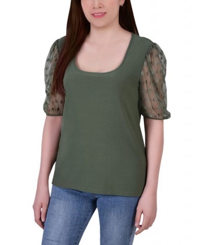 Women's Elbow Sleeve Crepe Top with Mesh Dotted Sleeves Green $13.95 Tops