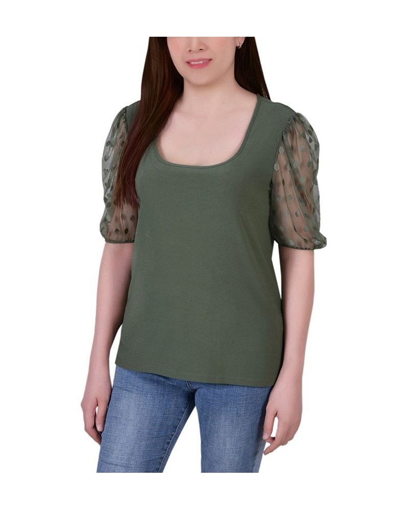 Women's Elbow Sleeve Crepe Top with Mesh Dotted Sleeves Green $13.95 Tops