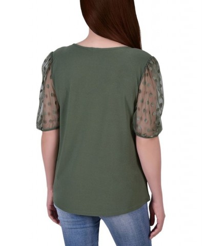 Women's Elbow Sleeve Crepe Top with Mesh Dotted Sleeves Green $13.95 Tops