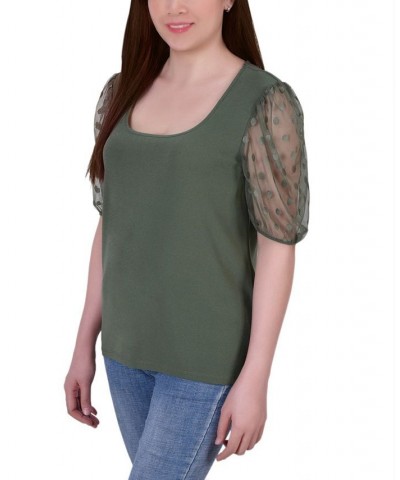 Women's Elbow Sleeve Crepe Top with Mesh Dotted Sleeves Green $13.95 Tops