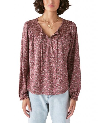 Women's Printed Notch-Neck Peasant Top Brown Multi $42.96 Tops