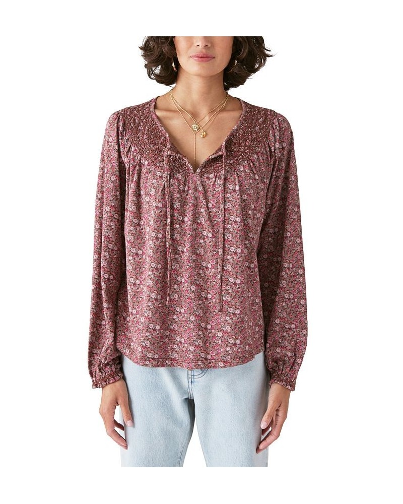 Women's Printed Notch-Neck Peasant Top Brown Multi $42.96 Tops