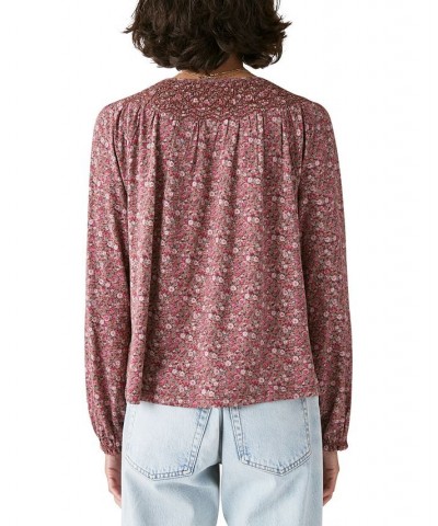 Women's Printed Notch-Neck Peasant Top Brown Multi $42.96 Tops