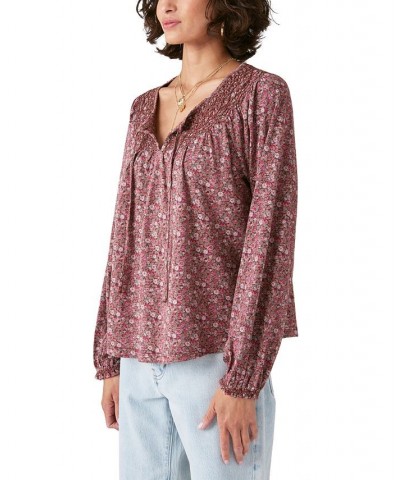 Women's Printed Notch-Neck Peasant Top Brown Multi $42.96 Tops