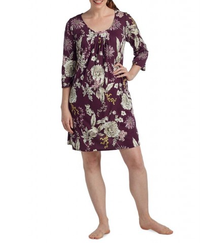 Long Sleeve Short Knit Printed Gown Taupe Floral On Aubergine $10.42 Sleepwear